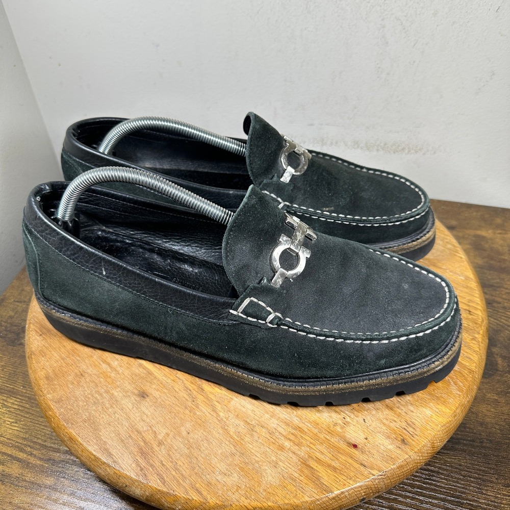 Salvatore Ferragamo Mens Black Suede Gancini Bit Lug Sole Loafers UR43731 11 EE
